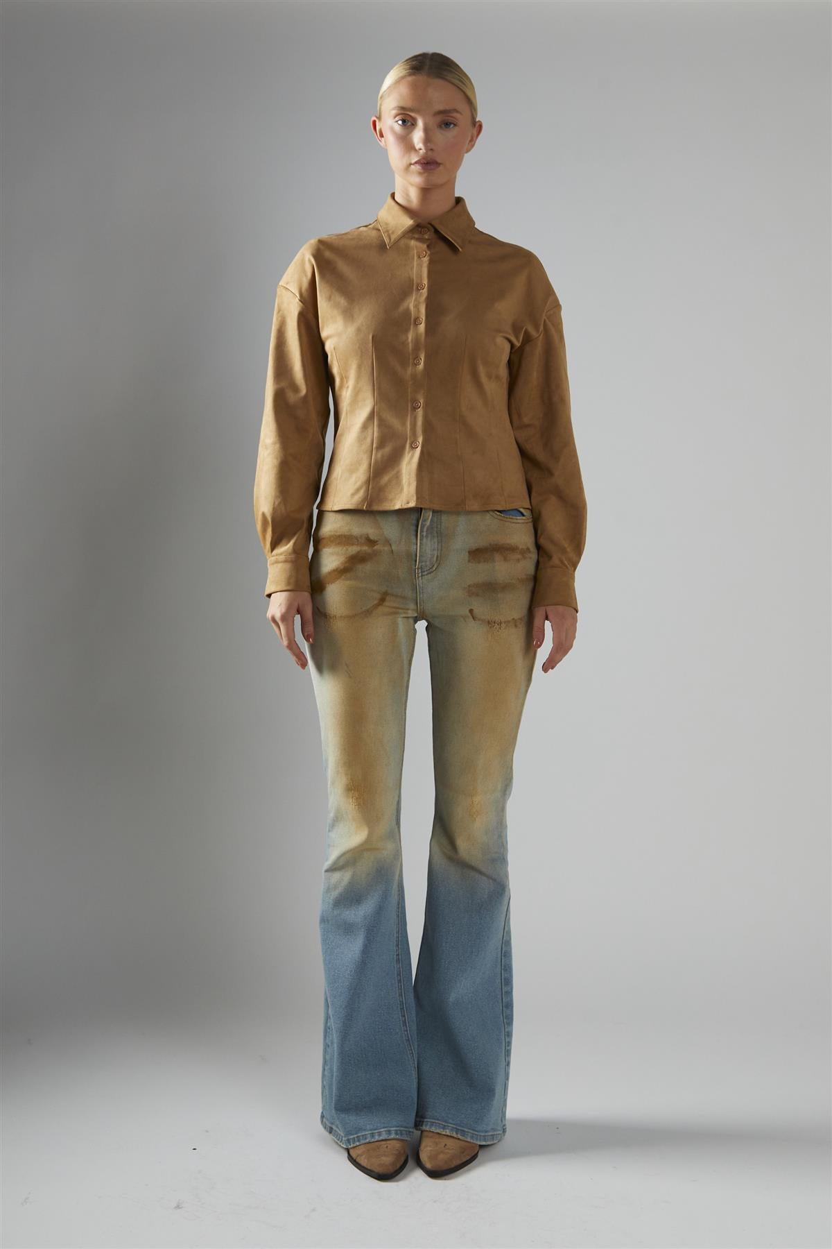 stylish fitted camel button up shirt by Glamorous