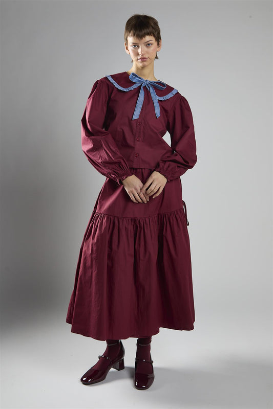 Burgundy-Blue Tie-Collar Blouse