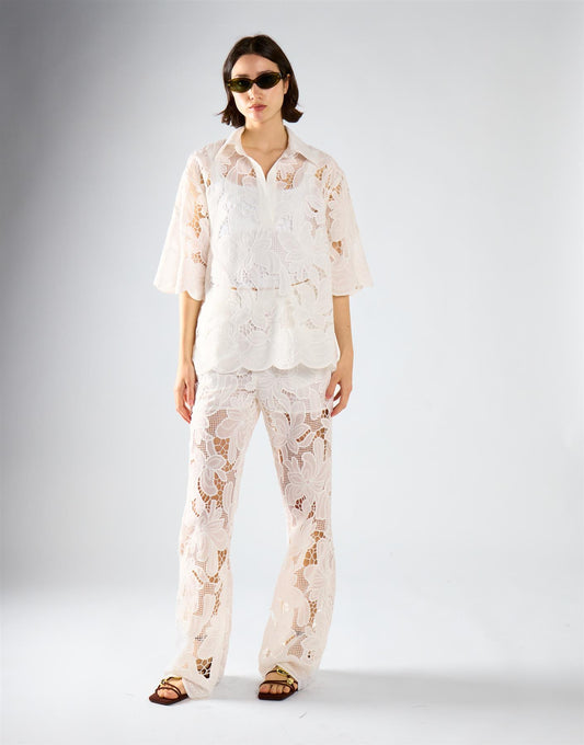 White Embroidered Flared High Waisted Trousers