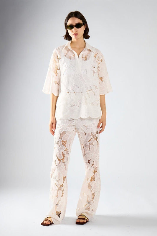 White Embroidered Flared High Waisted Trousers