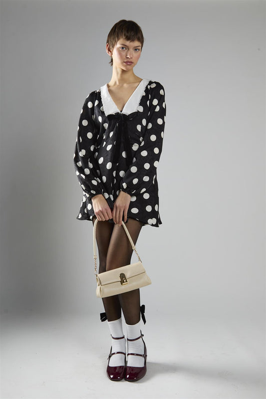 Black Large Spot Lace Trim Long Sleeve Playsuit