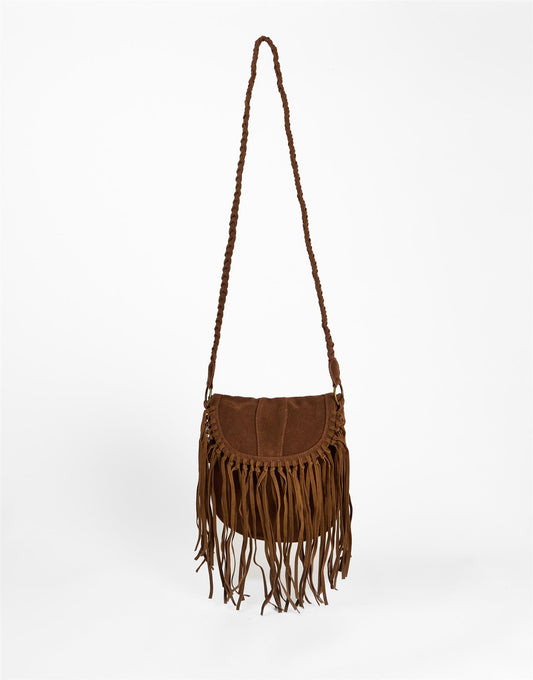 Tan Braided Fringe Saddle Bag