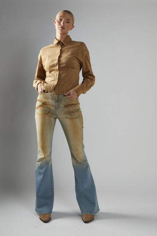 brown shirt and blue matched with beige flared jeans by glamorous