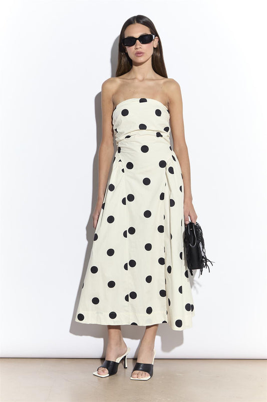 Cream Spot Bandeau Dropped Waist Midaxi Dress