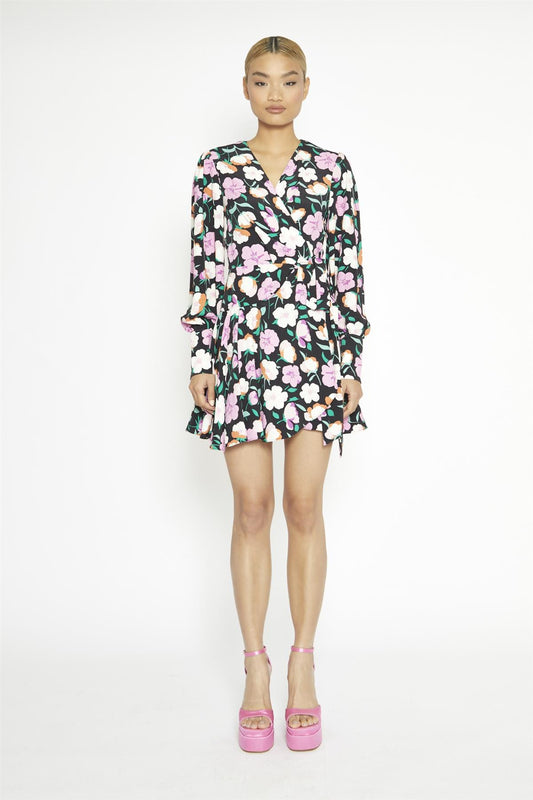 Black-Lilac Floral Wrap Mini-Dress