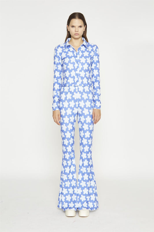 Blue-Large Flower Long-Sleeve Skinny-Fit-Shirt