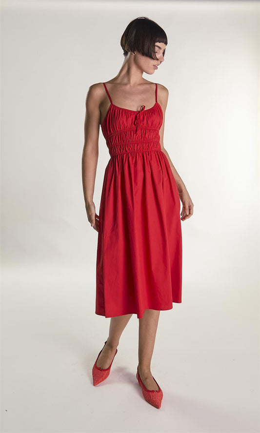 Red Elastic Waist Spaghetti Strap Midi Dress