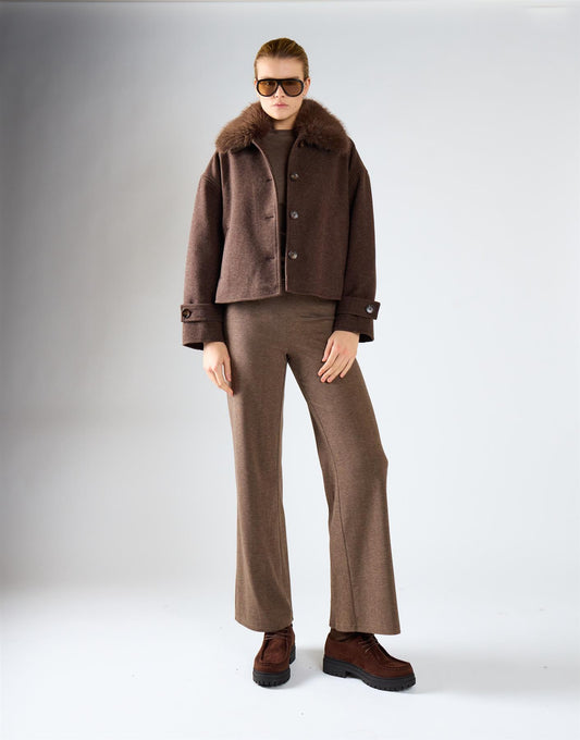 Brown Marl Plush Faux-Fur Collar Jacket