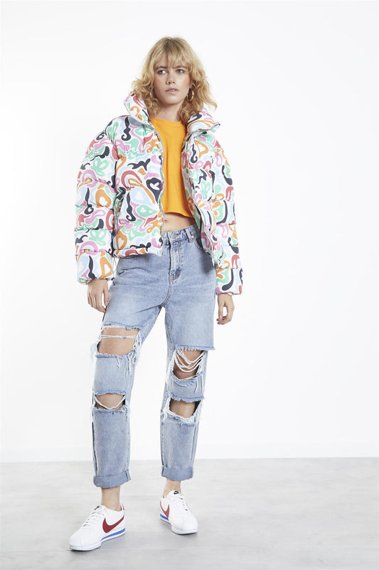 Multi Abstract Print Puffer Jacket