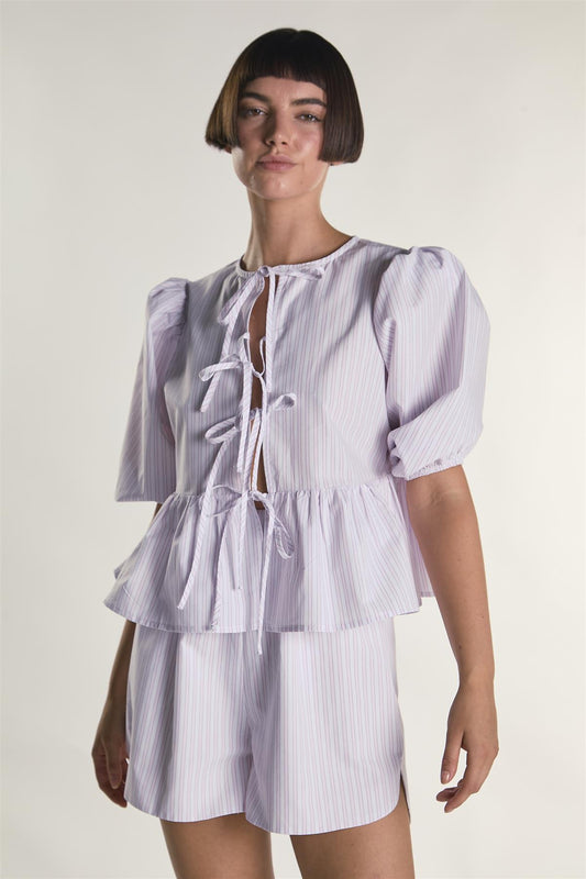 Light Pink Stripe Tie Front Puff Sleeve Top