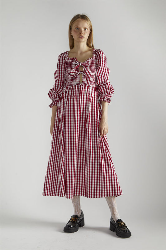 Cherry-Red-Gingham Front-Tie-V-Neck Midaxi-Dress