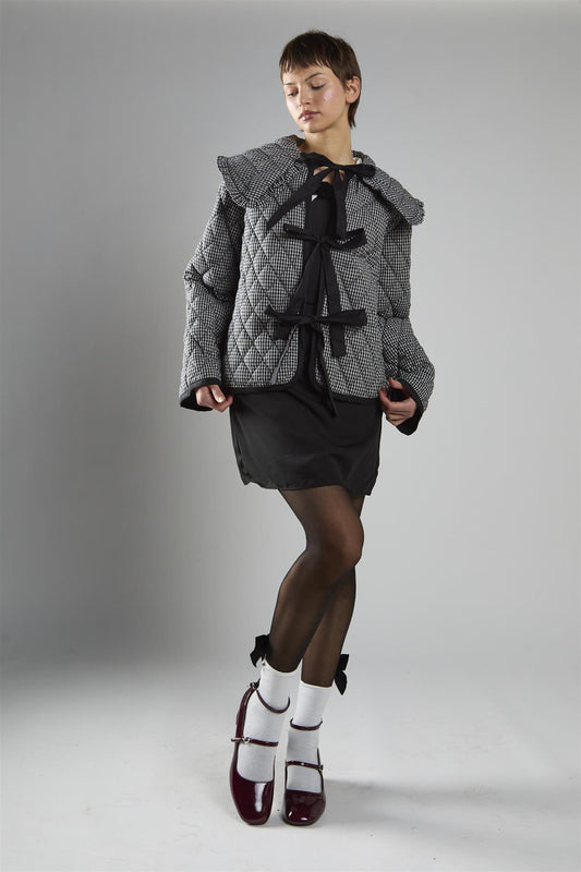 Black Check Quilted Collared Jacket