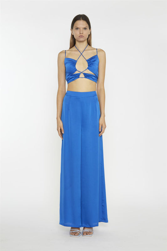 Wide Leg Trousers - Blue Sateen