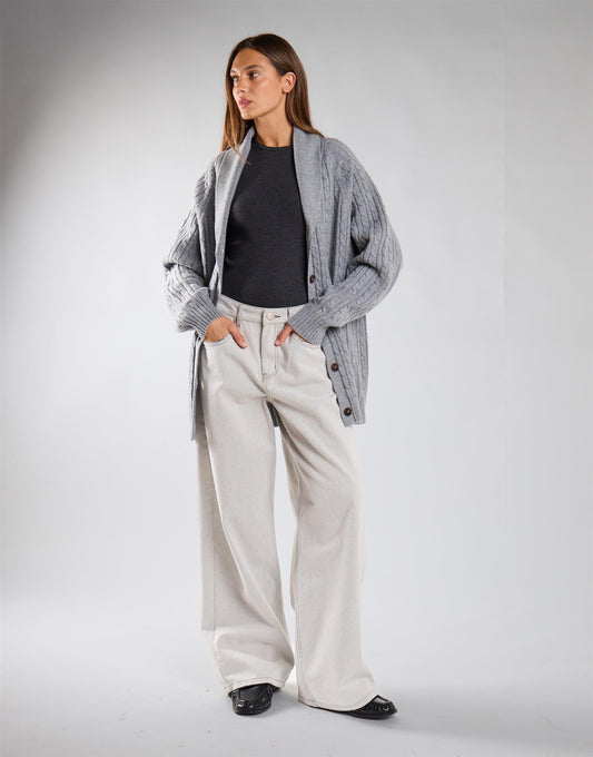 Grey Marl Cable Knit Midi Length Cardigan