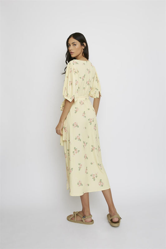 Yellow-Pink-Rose V-Neck-Wrap Midi-Dress