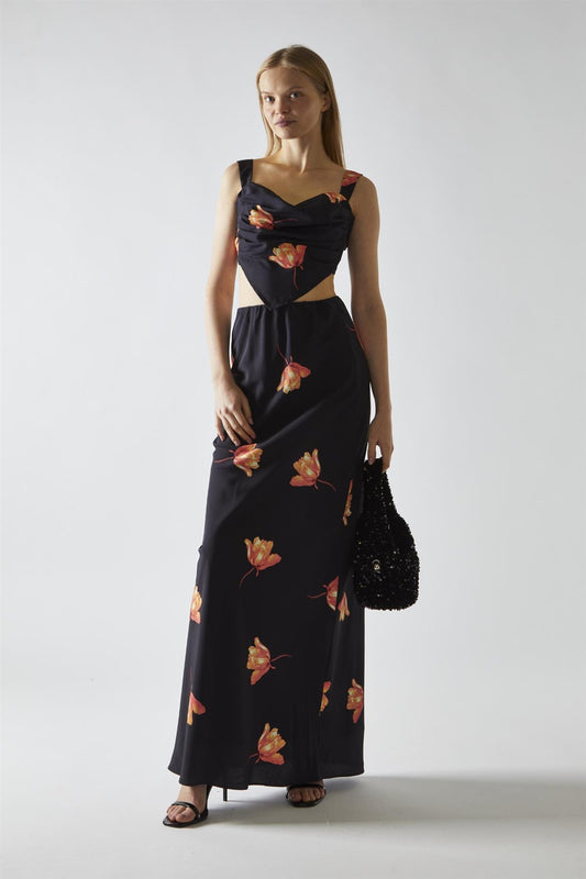 Black-Orange Flower Hanky-Hem Tie-Back Crop-Top