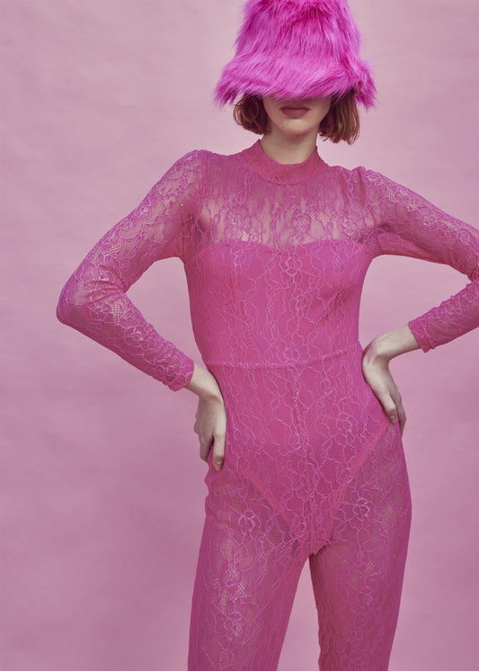 Zoe Lace Full Length Bodysuit -Bright-Pink