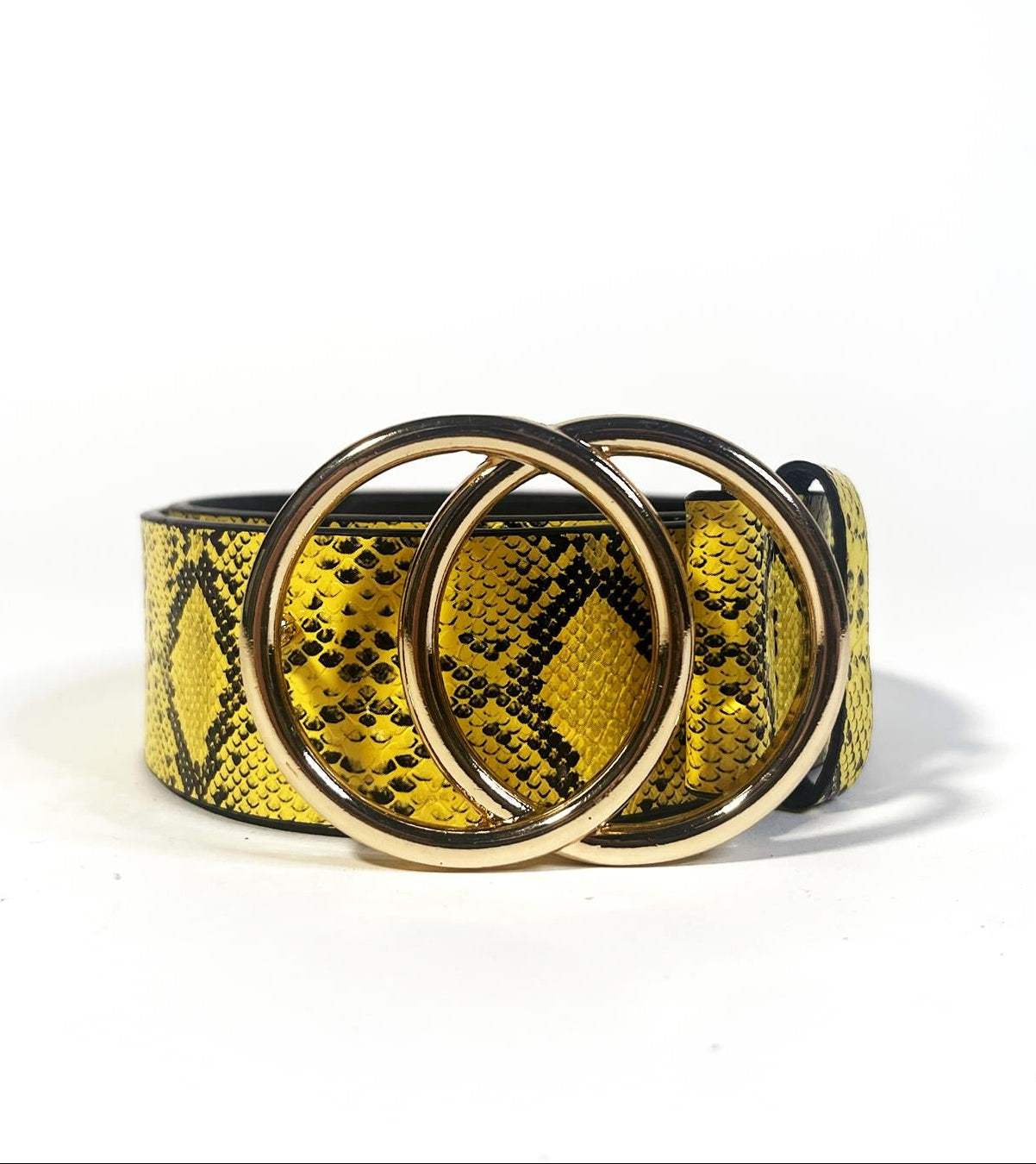 A yellow belt with snake print and a gold buckle, displayed against a white background.