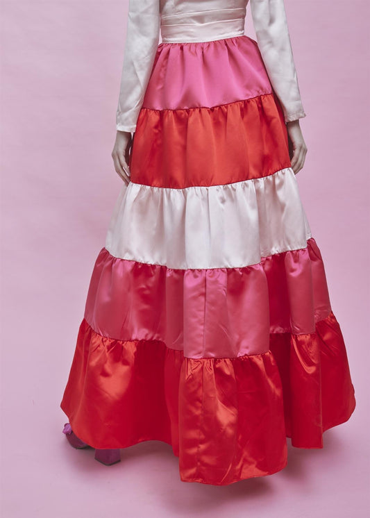 Nancy Gathered Tiered Midi Skirt -Pink-Red