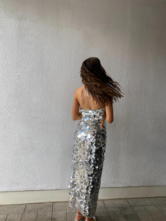 Selena Halterneck Sequin Maxi Dress -Silver