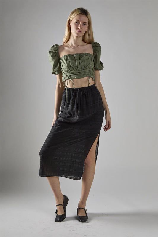 Black Check High-Waist Split Thigh Midaxi-Skirt