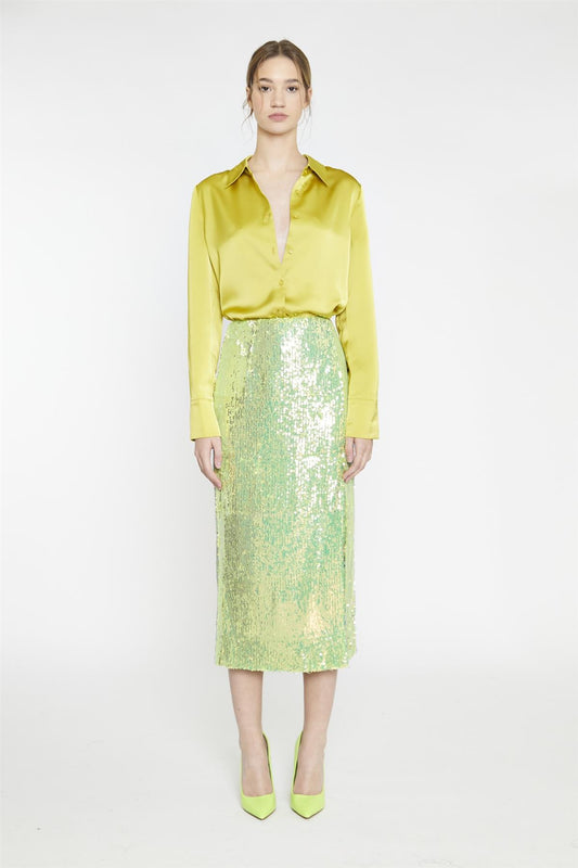 Iridescent-Lime-Sequin Side-Split Midi-Skirt