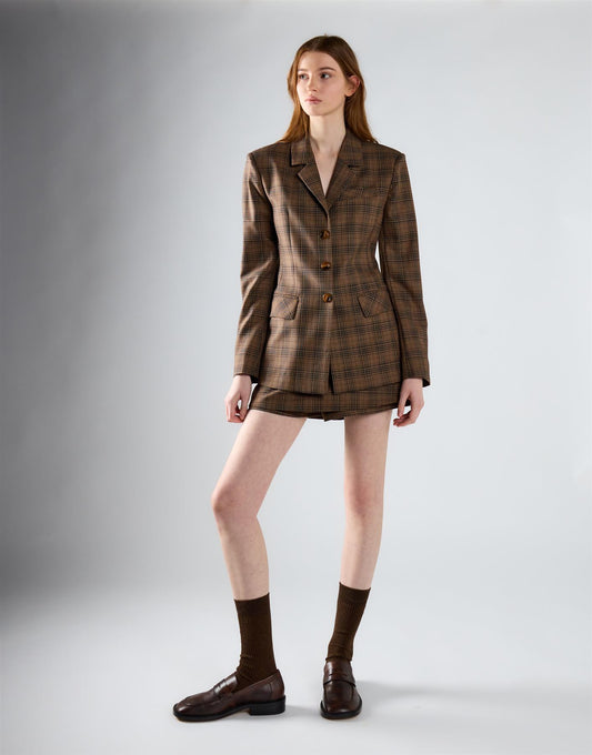 Brown Multi Check Button Front Blazer