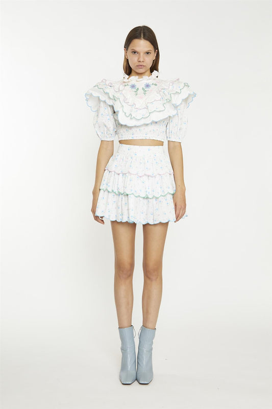 White Blue Pink Ditsy Extreme Ruffle Crop-Top