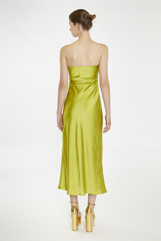Citrus-Green Strapless Bias-Cut Midaxi-Dress