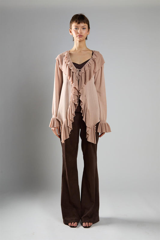 Long Ruffle Cardigan - Beige