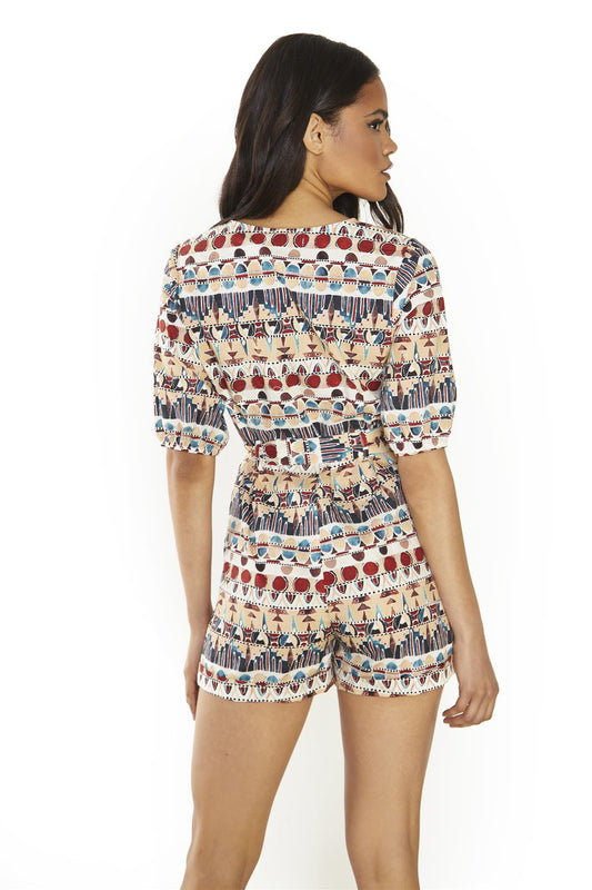 Brown Multi-Tribal Belted Playsuit
