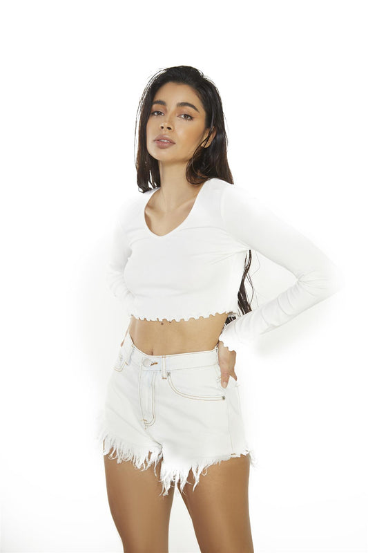 V-neck Rib Cropped Top - Off White