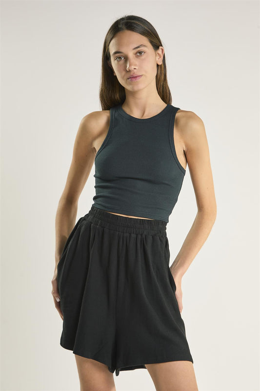 Black Ribbed Round-Neck Crop-Top