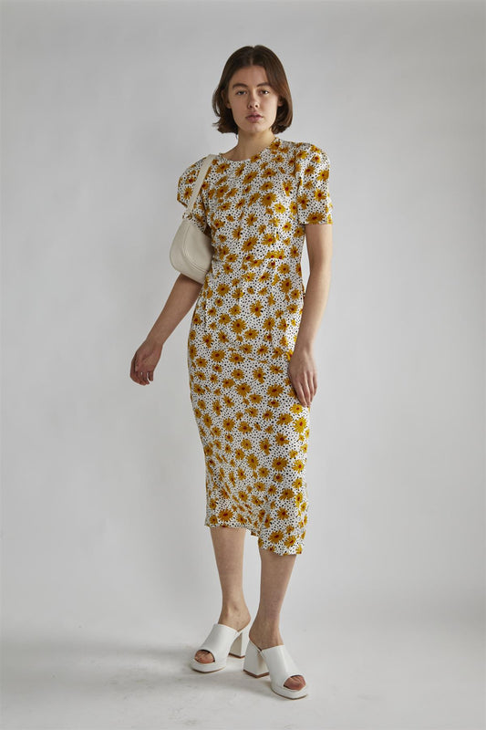 Yellow-Floral-Black-Dot Short-Sleeve Midi-Dress