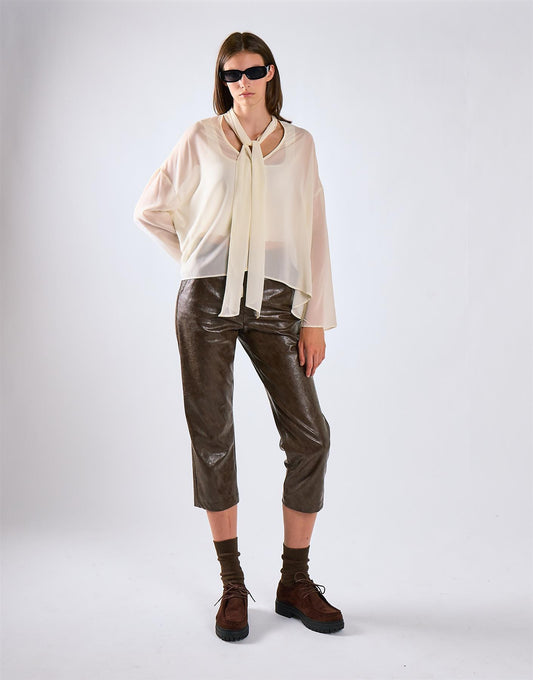 Cream Sheer Tie-Neck Blouse