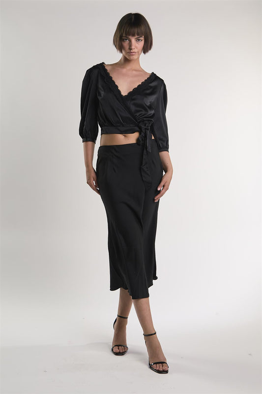 Black Satin Midi Skirt
