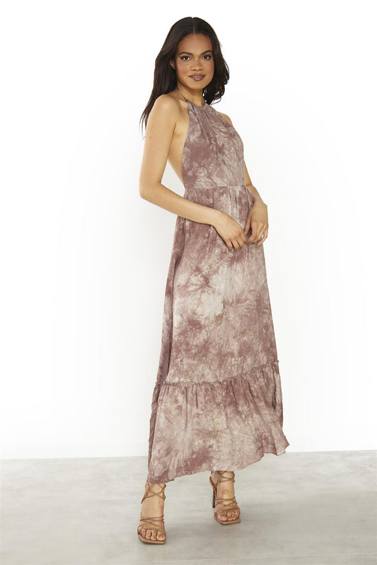 Brown Tie-Dye Halter-Neck Maxi-Dress