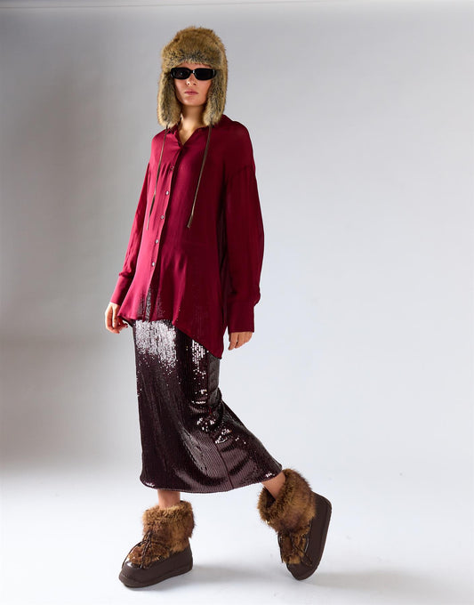 Burgundy Sequin Back Vent Midi Skirt