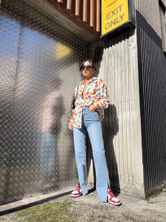 Multi-Fruit-Stickers Collared Long-Sleeve-Top