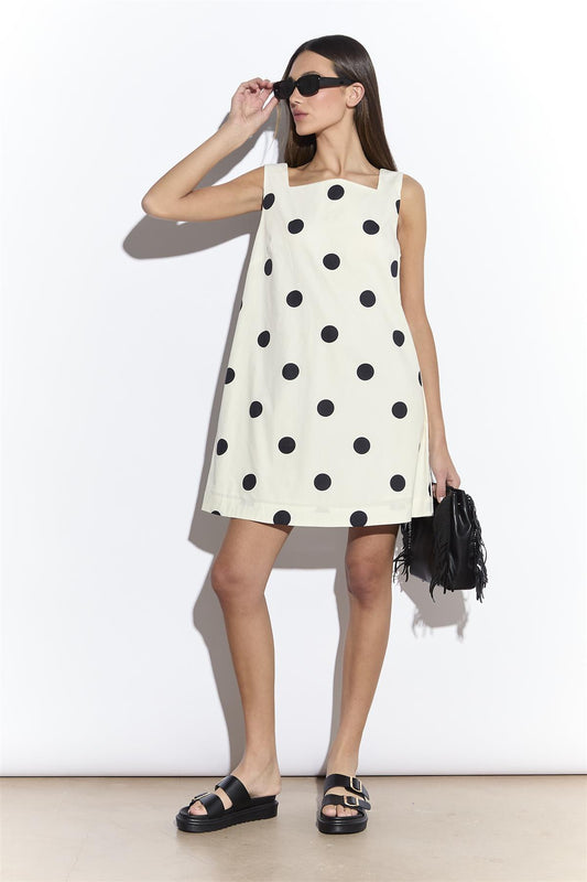 Cream Spot Square Neckline Mini Shift Dress