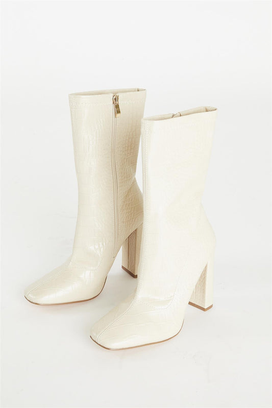 Nude Croc Print Calf High Heeled Boot