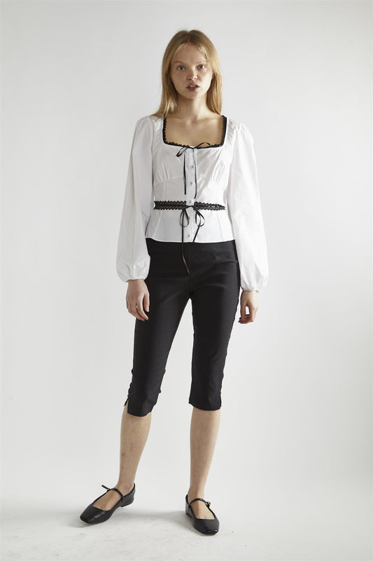 White-Black Square-Neck Long-Sleeve Top