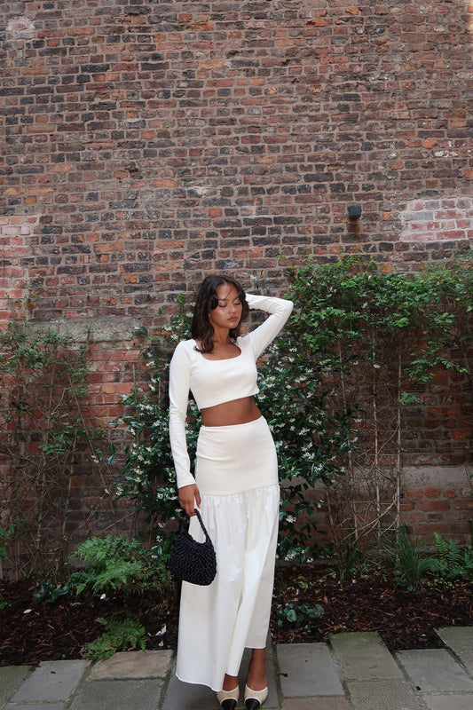 Vanilla Half-Pleated-High-Waist Maxi-Skirt