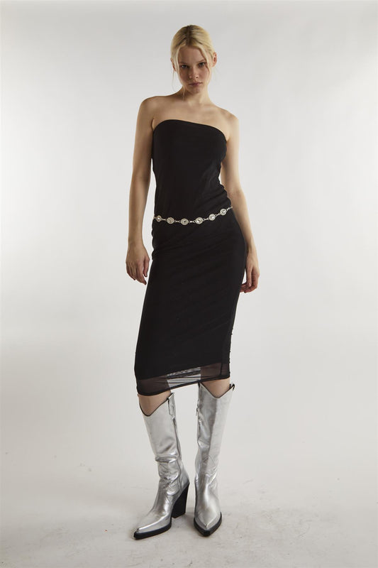 Black-Mesh Bandeau Bodycon Midaxi-Dress