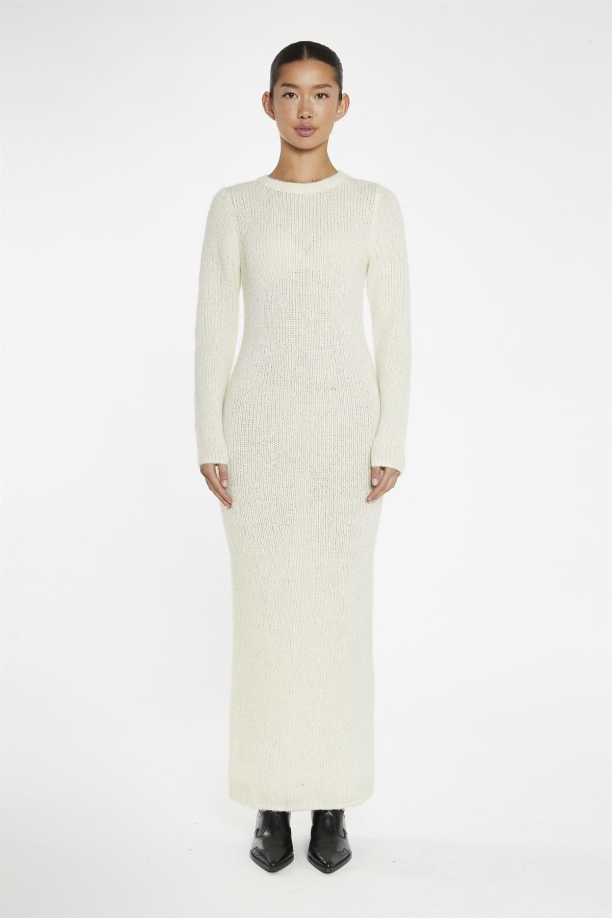 beige bodycon knitted maxi-dress with a crew neck and long sleeves. wardrobe essentials