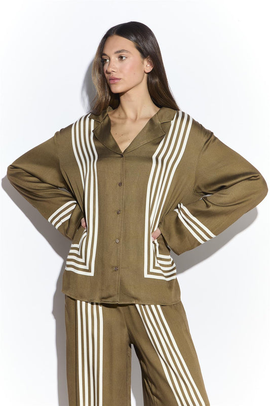 Olive Cream Stripe Button Front Shirt