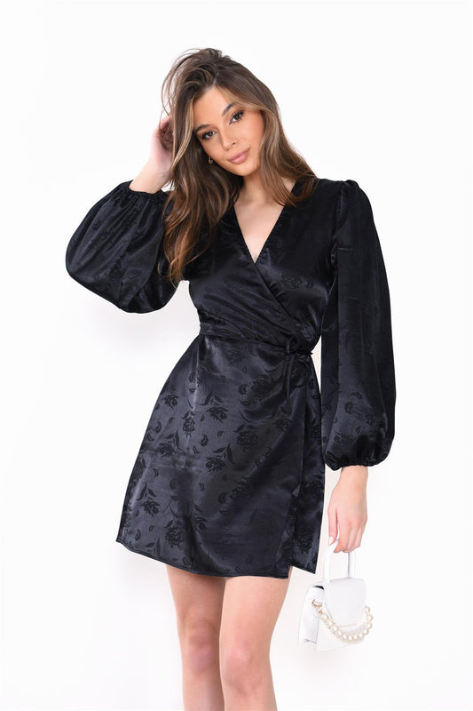 Black-Satin Jacquard Wrap Mini-Dress