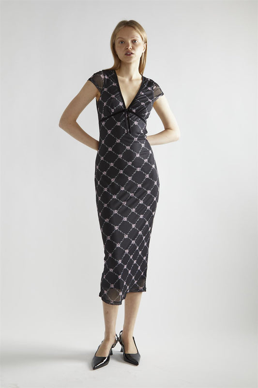 Black Rose Trellis Mesh V-Neck Midaxi-Dress