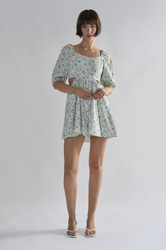 Green Ditsy Tie Back Square Neck Mini Dresses