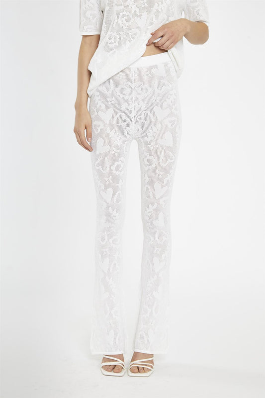 White-Textured Flared Knit-Trousers